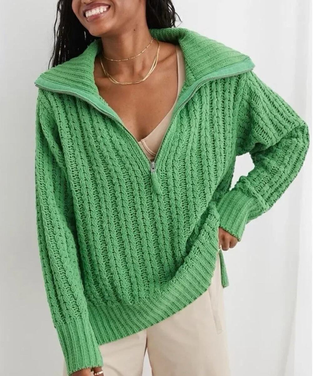 Aerie Kelly Green Cable Car Quarter Zip Sweater Oversized S Chenille